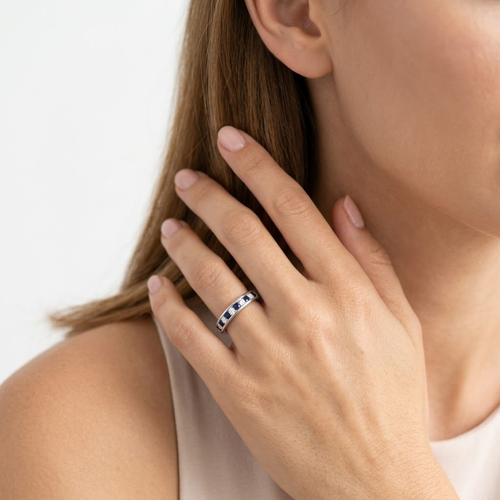Blue Sapphire & Diamond Full Eternity Wedding Ring | UK Hallmarked