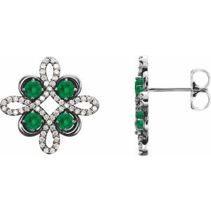 Emerald & Diamond Round Clover Stud Earrings in Gold and Platinum
