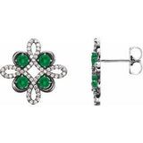 Emerald & Diamond Round Clover Stud Earrings in Gold and Platinum