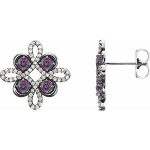 Amethyst & Diamond Round Clover Stud Earrings in Gold and Platinum