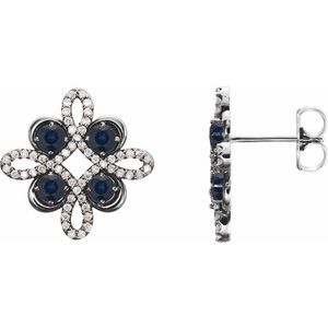 Blue Sapphire & Diamond Round Clover Stud Earrings in Gold and Platinum