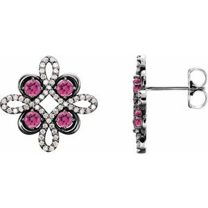 Pink Tourmaline & Diamond Round Clover Stud Earrings in Gold and Platinum
