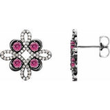 Pink Tourmaline & Diamond Round Clover Stud Earrings in Gold and Platinum