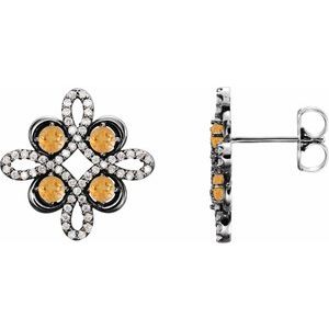 Citrine & Diamond Round Clover Stud Earrings in Gold and Platinum