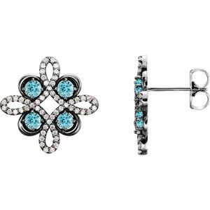 Blue Zircon & Diamond Round Clover Stud Earrings in Gold and Platinum