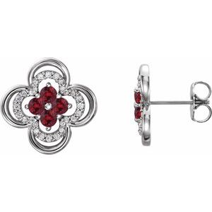 Ruby & Diamond Round Clover Stud Earrings in Gold and Platinum