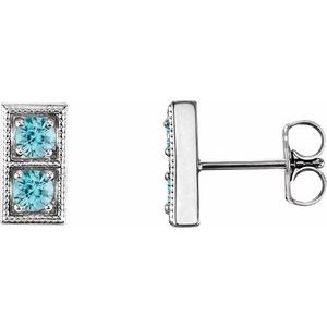 Blue Zircon Round Two-Stone Stud Earrings in Gold and Platinum
