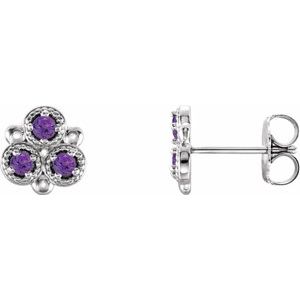 Amethyst Round Three-Stone Stud Earrings in Gold and Platinum