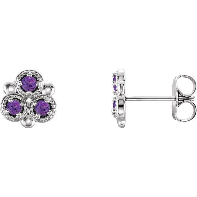 Amethyst Round Three-Stone Stud Earrings in Gold and Platinum