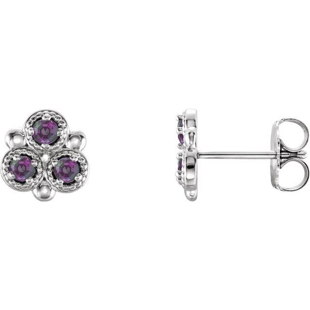 Alexandrite Round Three-Stone Stud Earrings in Gold and Platinum