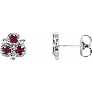 Ruby Round Three-Stone Stud Earrings in Gold and Platinum