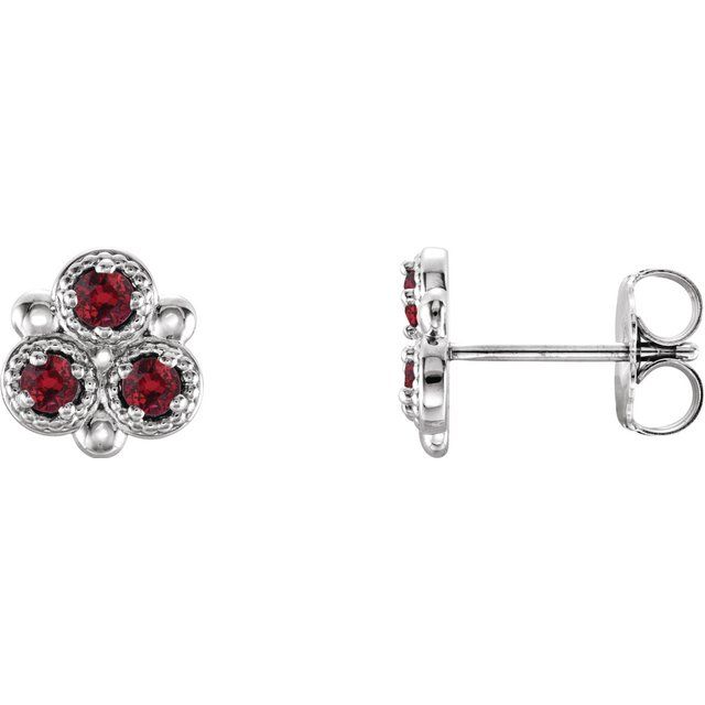 Ruby Round Three-Stone Stud Earrings in Gold and Platinum
