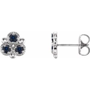 Blue Sapphire Round Three-Stone Stud Earrings in Gold and Platinum