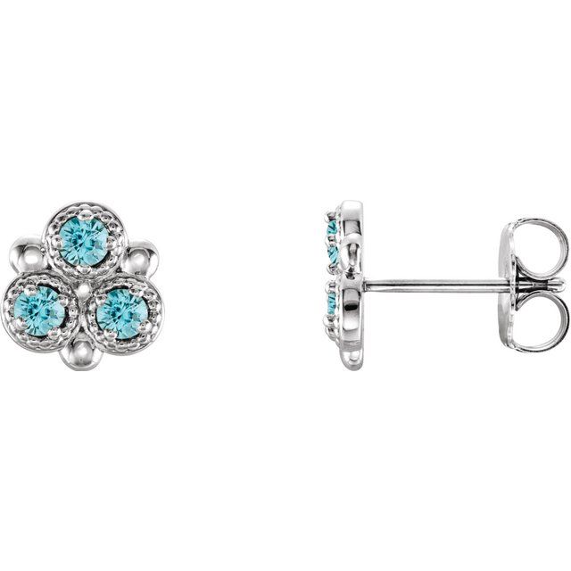 Blue Zircon Round Three-Stone Stud Earrings in Gold and Platinum