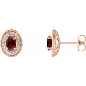Mozambique Garnet & Diamond Oval Halo Stud Earrings in Gold and Platinum