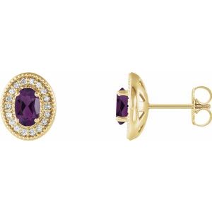 Amethyst & Diamond Oval Halo Stud Earrings in Gold and Platinum