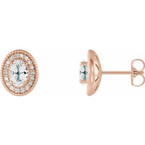 White Sapphire & Diamond Oval Halo Stud Earrings in Gold and Platinum