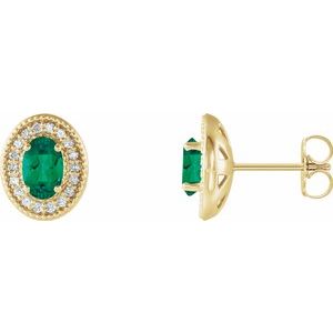 Emerald & Diamond Oval Halo Stud Earrings in Gold and Platinum