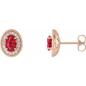 Ruby & Diamond Oval Halo Stud Earrings in Gold and Platinum
