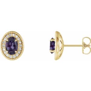 Alexandrite & Diamond Oval Halo Stud Earrings in Gold and Platinum