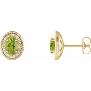 Peridot & Diamond Oval Halo Stud Earrings in Gold and Platinum