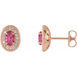Pink Tourmaline & Diamond Oval Halo Stud Earrings in Gold and Platinum