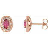 Pink Tourmaline & Diamond Oval Halo Stud Earrings in Gold and Platinum