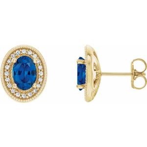 Blue Sapphire & Diamond Oval Halo Stud Earrings in Gold and Platinum