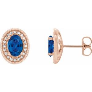 Blue Sapphire & Diamond Oval Halo Stud Earrings in Gold and Platinum