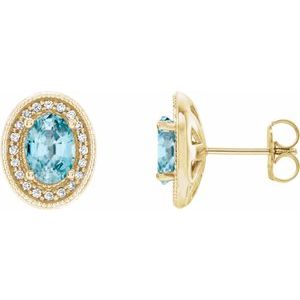 Blue Zircon & Diamond Oval Halo Stud Earrings in Gold and Platinum