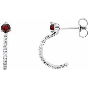 Mozambique Garnet & Diamond Round J-Hoop Earrings in Gold and Platinum