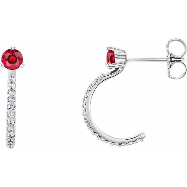 Ruby & Diamond Round J-Hoop Earrings in Gold and Platinum