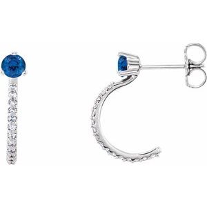 Blue Sapphire & Diamond Round J-Hoop Earrings in Gold and Platinum