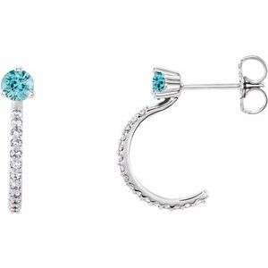Blue Zircon & Diamond Round J-Hoop Earrings in Gold and Platinum