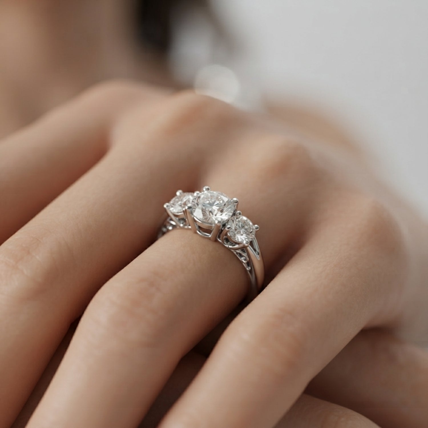 Lab Grown Round Diamond Prong Set 3 Stone Engagement Ring Platinum In DE/VS 2.00Ct