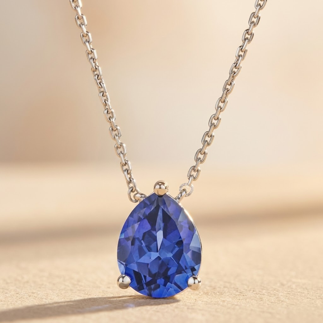 3.20ct Lab Grown Sapphire and Pear Cut Diamond Solitaire Necklace in 925 Silver