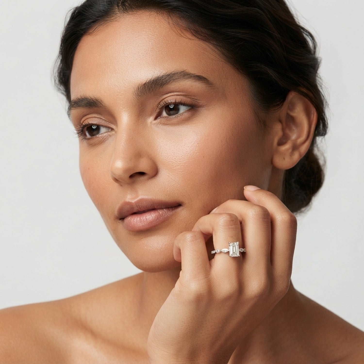 White Gold Radiant Cut Diamond Engagement Ring with Teardrop Side Stones