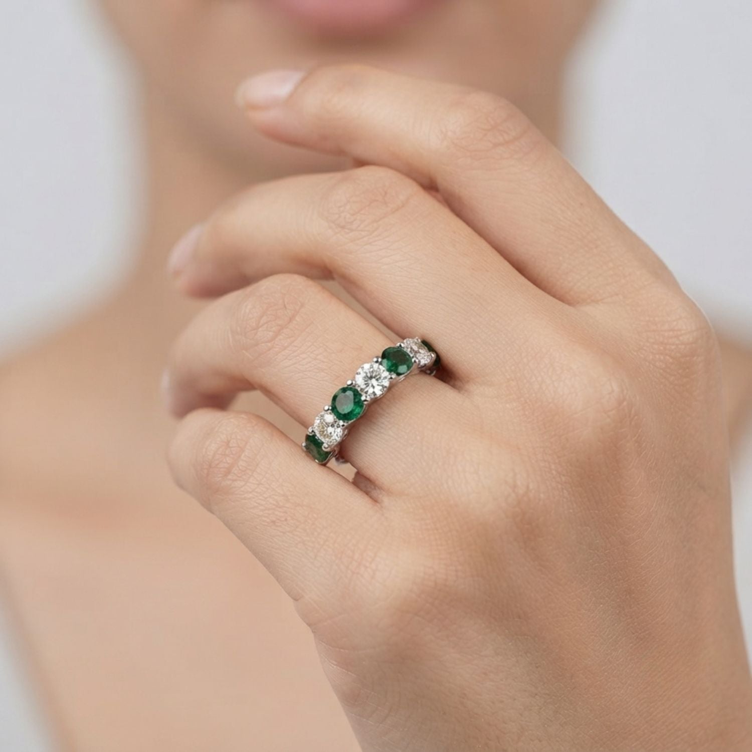 Emerald Half Eternity Ring with Round Natural Diamonds | Wedding Band