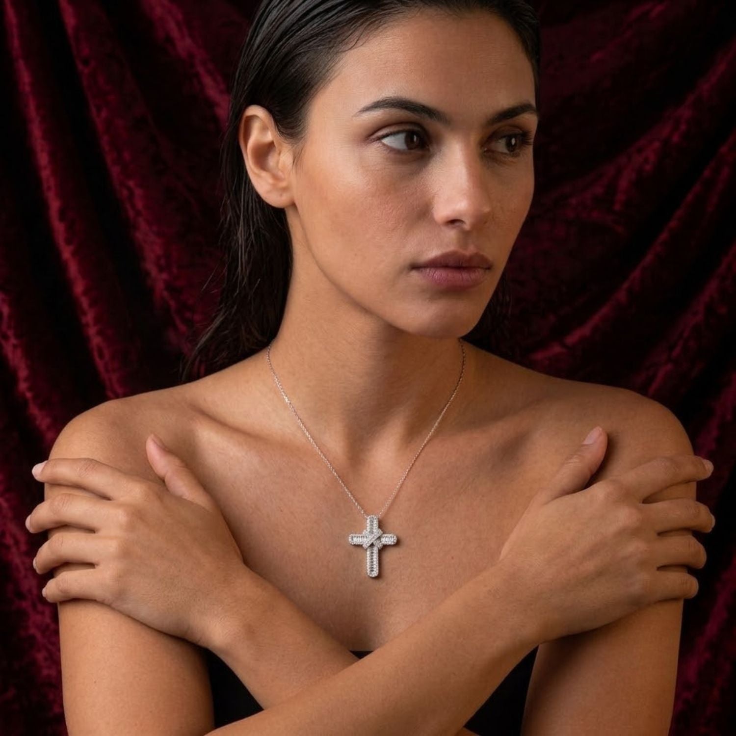 5Ct Baguette Diamond Cross Pendant with Round Diamond Border