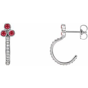 Ruby & Diamond Round Bezel-Set J-Hoop Earrings in Gold and Platinum