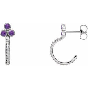 Amethyst & Diamond Round Bezel-Set J-Hoop Earrings in Gold and Platinum