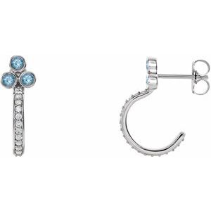 Aquamarine & Diamond Round Bezel-Set J-Hoop Earrings in Gold and Platinum