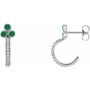 Emerald & Diamond Round Bezel-Set J-Hoop Earrings in Gold and Platinum