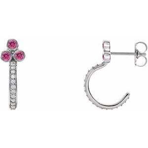 Pink Tourmaline & Diamond Round Bezel-Set J-Hoop Earrings in Gold and Platinum