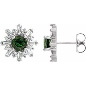Green Tourmaline & Diamond Round Halo Stud Earrings in Gold and Platinum
