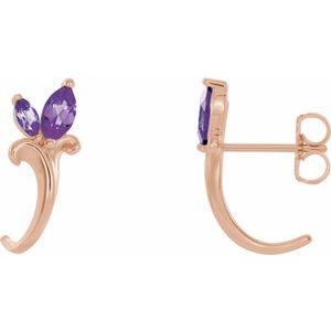 Amethyst Marquise Floral J-Hoop Earrings in Gold and Platinum