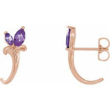 Amethyst Marquise Floral J-Hoop Earrings in Gold and Platinum