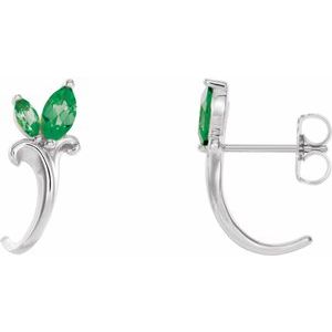 Emerald Marquise Floral J-Hoop Earrings in Gold and Platinum