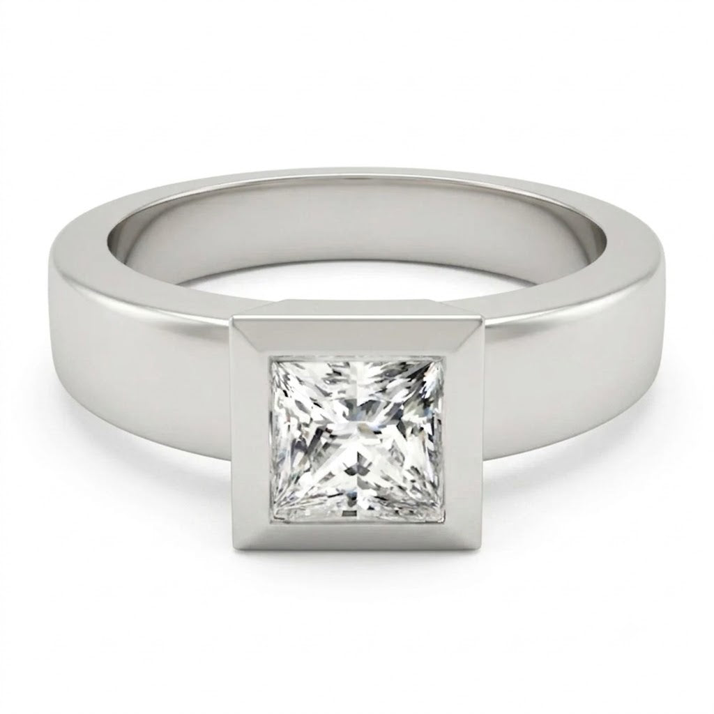 IGI Lab-Grown Princess Cut Diamond D-VVS Solitaire Bezel Set Engagement Ring