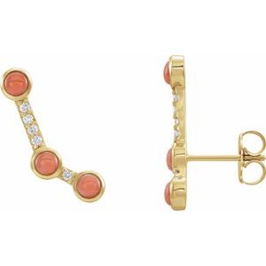 Pink Coral & Diamond Round Ear Climber Earrings in Gold and Platinum